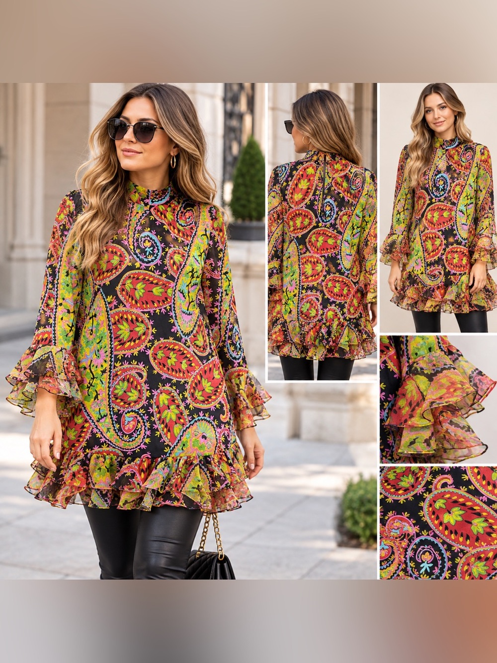 Vintage Oscar de la Renta Boutique Paisley Ruffle Tunic Blouse Multicolor